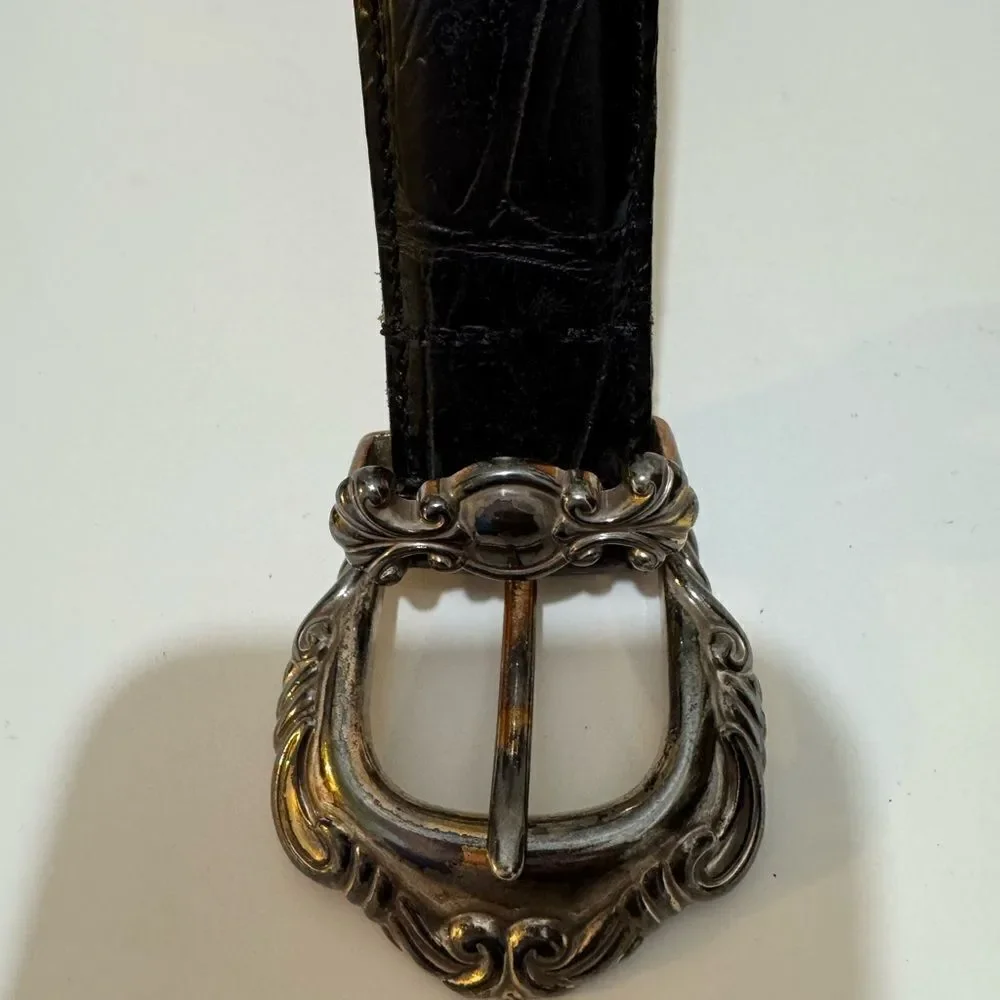 Enmon Belts Black Embossed Italian Leather Belt Silver Tone  sz Small